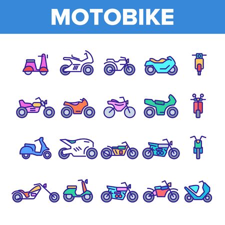 Color Motorbike Thin Line Icons Set Vector. Scooter And Motor Bicycle, Speed Bike And Chopper Motorcycle Motorbike Types Linear Pictograms. Academic Details Illustrationsのイラスト素材