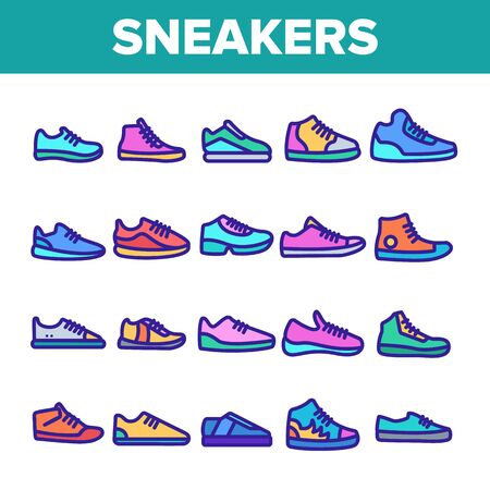 Color Sneakers Thin Line Icons Set Vector. Man And Woman Shoes Sneakers Linear Pictograms. Boots Footweare Stock Fashion Modern Accessory Contour Illustrationsのイラスト素材