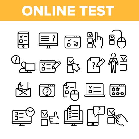 Online Test Collection Elements Icons Set Vector Thin Line. Survey And Questionnaire, Online Mobile Checklist, Poll And Vote Concept Linear Pictograms. Monochrome Contour Illustrationsのイラスト素材