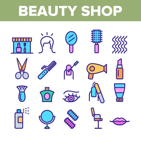 Beauty Shop Collection Elements Icons Set Vector Thin Line. Fan And Mirror, Perfume And Nail Polish, Chair And Scissors Equipment For Beauty Concept Linear Pictograms. Color Contour Illustrationsのイラスト素材