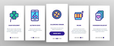 Casino Play Onboarding Mobile App Page Screen Vector Icons Set Thin Line. Casino Chip And Cards, Smartphone and Laptop, Roulette And Dealer Concept Linear Pictograms. Contour Illustrationsのイラスト素材