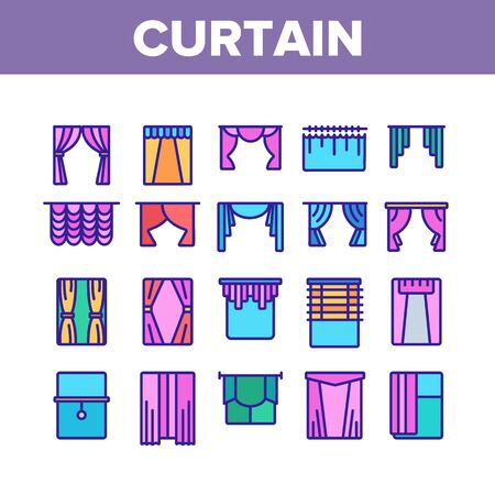 Curtain Collection Decor Elements Icons Set Vector Thin Line. Decoration Of Room And Theater Satin And Fabric Curtain And Louvers Concept Linear Pictograms. Color Contour Illustrationsのイラスト素材