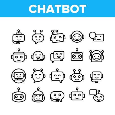 Chatbot Robot Collection Elements Icons Set Vector Thin Line. Artificial Intelligence Chatbot. Communication Message Technology Concept Linear Pictograms. Monochrome Contour Illustrationsのイラスト素材