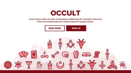 Occult, Demonic Entity Imagery Landing Web Page Header Banner Template Vector. Satanic Rituals, Demonic Beliefs, Superstitions. Deal With Devil, Magic, Mystic, Esoteric Lineart. Occult Illustrationのイラスト素材