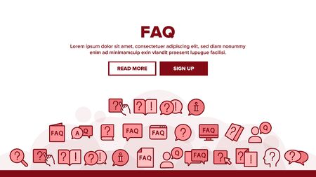 Faq Frequently Asked Questions Landing Web Page Header Banner Template Vector. Website And Word Faq In Quote Frame, Exclamation And Information Mark Illustrationのイラスト素材