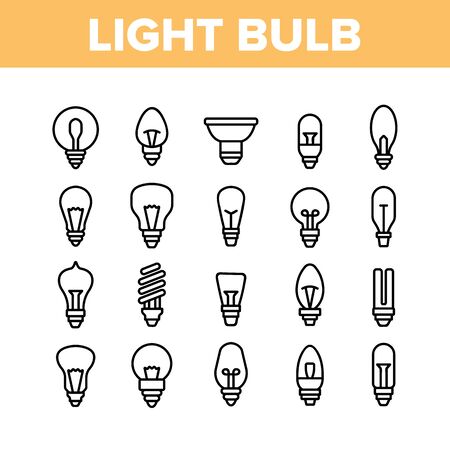 Light Bulb Collection Elements Icons Set Vector Thin Line. Electricity Energy Saving And Incandescent Light Bulb, Led And Fluorescent Lamp Concept Linear Pictograms. Monochrome Contour Illustrationsのイラスト素材