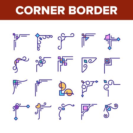 Corner Border Collection Elements Icons Set Vector Thin Line. Different Style Corner Border, Decorative Frame Kit, Vintage Floral Decoration Concept Linear Pictograms. Color Contour Illustrationsのイラスト素材