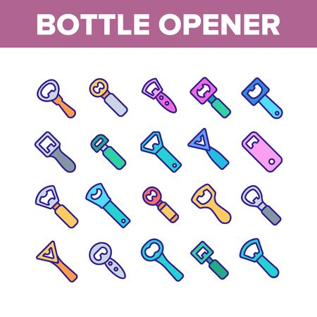 Bottle Opener Collection Elements Icons Set Vector Thin Line. Different Style Metal Cap Container Opener, Bar And Kitchen Utensil Concept Linear Pictograms. Color Contour Illustrationsのイラスト素材