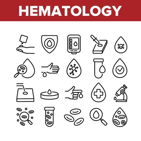 Hematology Collection Elements Icons Set Vector Thin Line. Blood Erythrocytes And Analysis, Diabetes And Infection Diagnostic Hematology Concept Linear Pictograms. Monochrome Contour Illustrationsのイラスト素材