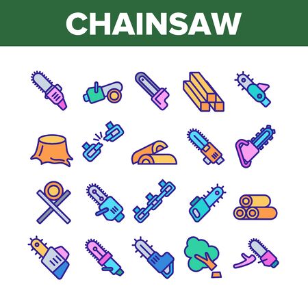 Chainsaw Collection Elements Icons Set Vector Thin Line. Gasoline Chainsaw Woodworking Industry Equipment, Broken Chain And Firewood Concept Linear Pictograms. Color Illustrationsのイラスト素材