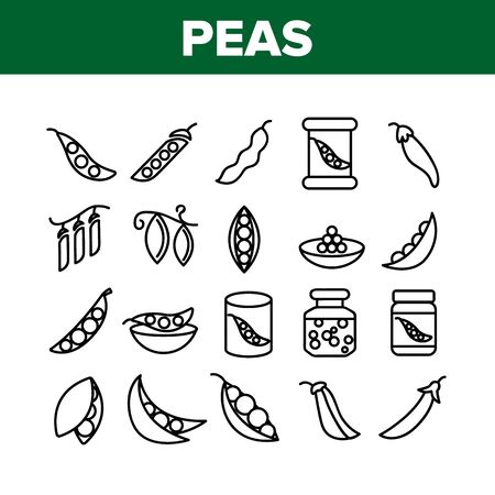 Peas Bob Vegetable Collection Icons Set Vector Thin Line. Peas In Glass Jar And Metallic Container, Natural Agricultural Vitamin Food Concept Linear Pictograms. Monochrome Contour Illustrationsのイラスト素材
