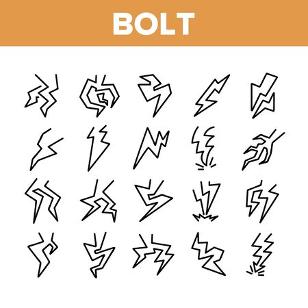 Bolt Lightning Flash Collection Icons Set Vector Thin Line. Electric Thunderbolt And Dangerous Lighting Bolt In Different Form Concept Linear Pictograms. Monochrome Contour Illustrationsのイラスト素材