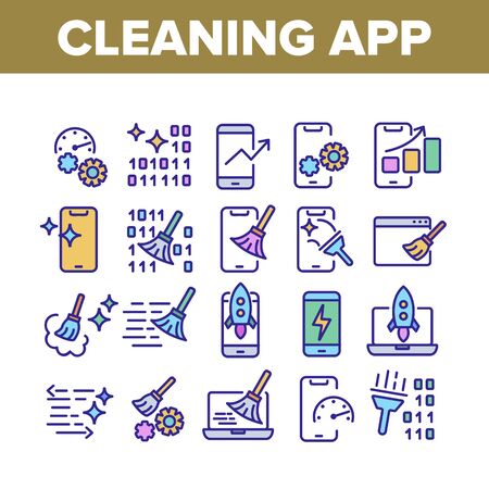 Cleaning Application Collection Icons Set Vector. Binary Code And Rocket On Screen, Mechanism Gear And Broom Cleaning App Concept Linear Pictograms. Color Contour Illustrationsのイラスト素材