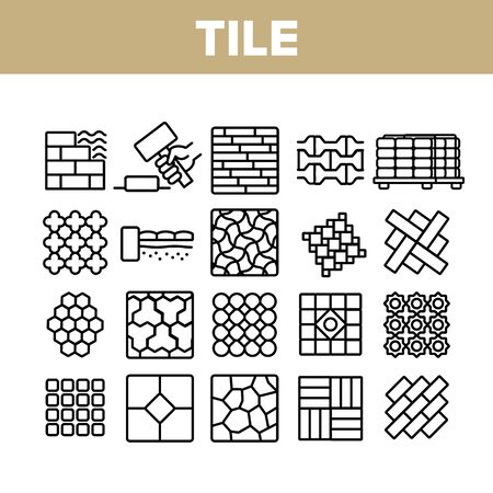 Tile Floor Material Collection Icons Set Vector. Brick On Pallet And Hammer, Different Form And Style Flooring Tile, Parquet And Wall Concept Linear Pictograms. Monochrome Contour Illustrationsのイラスト素材