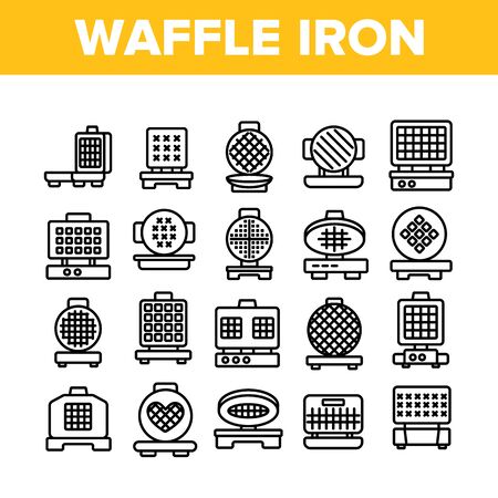 Waffle Iron Equipment Collection Icons Set Vector. Electronic Device For Bake Delicious Waffle In Round, Square And Heart Form Concept Linear Pictograms. Monochrome Contour Illustrationsのイラスト素材