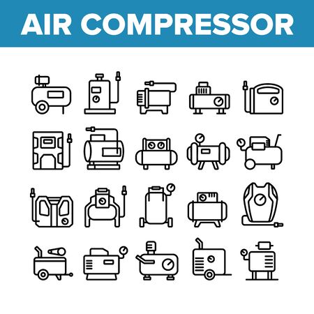 Air Compressor Device Collection Icons Set Vector. Air Compressor, Pump Electronic Equipment, Professional Tool Instrument Concept Linear Pictograms. Monochrome Contour Illustrationsのイラスト素材