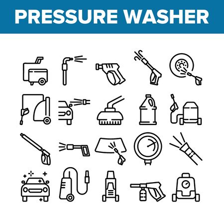 Pressure Washer Tool Collection Icons Set Vector. Pressure Washer Equipment For Wash Car Wheel And Glass, Brush And Sprayer Concept Linear Pictograms. Monochrome Contour Illustrationsのイラスト素材