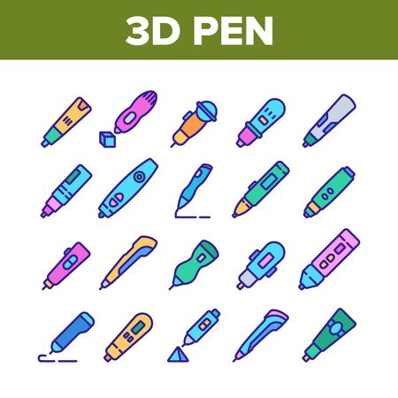 3d Pen Printing Gadget Collection Icons Set Vector. 3d Pen Engineering Electronic Stationery Device For Print Constructor Color Illustrationsのイラスト素材