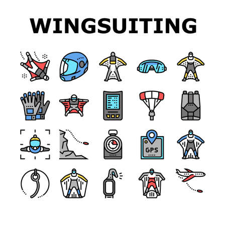 Wingsuiting Sport Collection Icons Set Vector. Wingsuiting Suit And Protection Helmet, Glasses And Gloves, Parachute And Hook Extreme Flying Tool Color Contour Illustrationsのイラスト素材