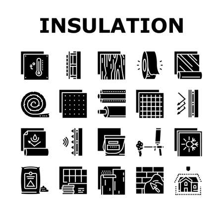 Insulation Building Collection Icons Set Vector. Insulation Roll Material And Wooden Plywood, Waterproof And Temperature Preservation Layer Glyph Pictograms Black Illustrationsのイラスト素材