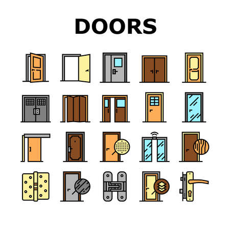 Interior Doors Types Collection Icons Set Vector. Swing, Sliding And Folding Doors, Veneer And Medium Density Fibreboard, Wooden And Metal Material Color Contour Illustrationsのイラスト素材