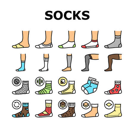 Socks Fabric Accessory Collection Icons Set Vector. Socks For Men And Women, Toe Cover And Invisible, Extra Low Cut And Ped, Over Knee And Loose Color Contour Illustrationsのイラスト素材