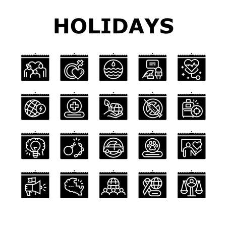 World Holidays Event Collection Icons Set Vector. Global Family And Women Day, Tolerance And Democracy, Red Cross And Water Holidays Glyph Pictograms Black Illustrationsのイラスト素材