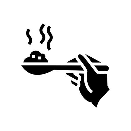 hand holding oatmeal on spoon glyph icon vector. hand holding oatmeal on spoon sign. isolated contour symbol black illustrationのイラスト素材