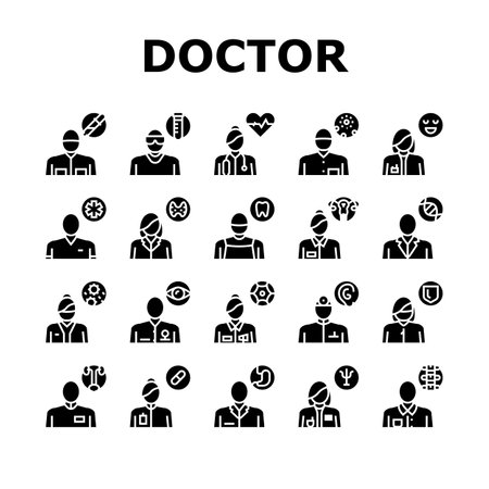 Medical Speciality Collection Icons Set Vector. Allergy And Immunology, Laboratory And Emergency Medicine, Neurology And Pediatrics Speciality Glyph Pictograms Black Illustrationsのイラスト素材