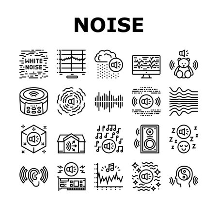 White Noise Hearing Collection Icons Set Vector. Speaker Dynamic And Audio Card, Relaxation And Music For Sleep, Rain Noise And Sound Black Contour Illustrationsのイラスト素材