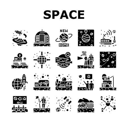 Space Base New Home Collection Icons Set Vector. Space Base Construction And Greenhouse, Planet Colonization And Building City Glyph Pictograms Black Illustrationsのイラスト素材