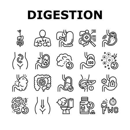 Digestion Disease And Treatment Icons Set Vector. Digestion System And Gastrointestinal Tract, Examining And Consultation, Heartburn And Gassing Black Contour Illustrationsのイラスト素材