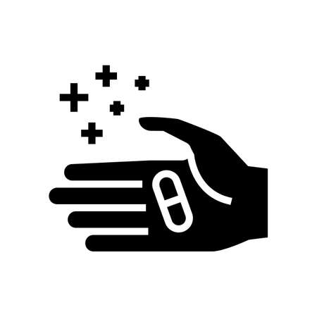 hand holding homeopathy pill glyph icon vector. hand holding homeopathy pill sign. isolated contour symbol black illustrationのイラスト素材