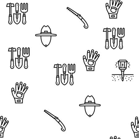 Gardening Equipment Collection Icons Set Vector. Glass And Polycarbonate Greenhouse Construction, Gardening Tool And Instrument Black Contour Illustrationsのイラスト素材
