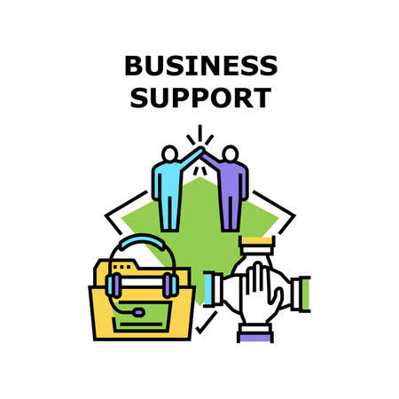 Business Support Vector Icon Concept. Business Support Of Team And Partner, Online Call Center Consultation And Advising Customer. Colleague Worker Helping Employee Color Illustrationのイラスト素材