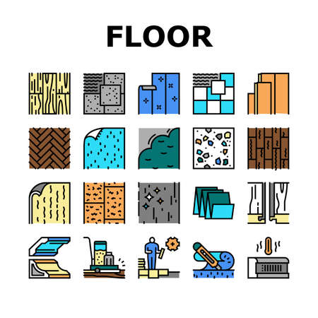 Floor Installation Collection Icons Set Vector. Carpenter Covering And Floor Heating Electronic System, Plastic And Wood Parquet Layer, Ceramic And Stone Line Pictograms. Contour Color Illustrationsのイラスト素材