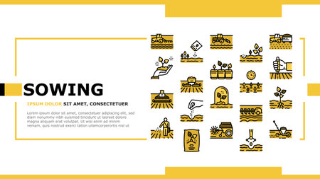 Sowing Agricultural Landing Web Page Header Banner Template Vector. Sowing Seeds And Field Processing, Plant Care And Harvesting, Tractor And Harvester Illustrationのイラスト素材