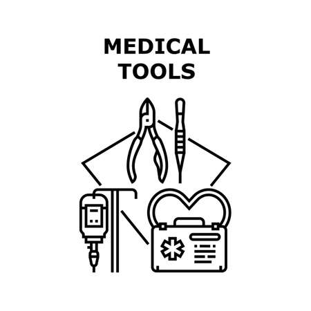 Medical Tools Vector Icon Concept. Doctor Medical Tools For Surgery Operation And Health Treatment. Healthcare Medicine Equipment And Accessory For Patient Therapy And Wellness Black Illustrationのイラスト素材