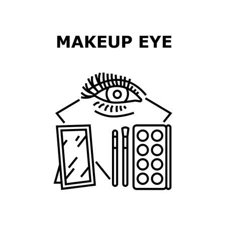 Makeup Eye Accessory Vector Icon Concept. Makeup Eye Accessory Mirror, Brush And Multicolor Mineral Shadow Powder Cosmetic Set. Glamor And Luxury Beauty Eyeliner Black Illustrationのイラスト素材