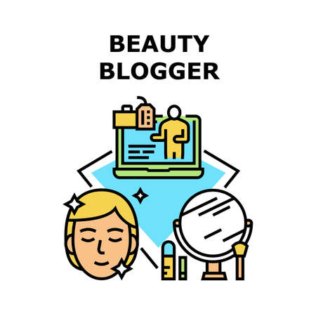 Beauty Blogger Vector Icon Concept. Beauty Blogger Recording Video Talking And Applying Cosmetic, Live Streaming And Discussing About Rate. Video Online Consultation Color Illustrationのイラスト素材
