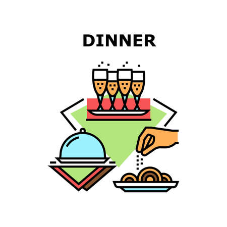 Dinner Enjoyment Vector Icon Concept. Dinner Enjoyment Client In Restaurant, Drinking Champagne Alcoholic Drink And Eating Delicious Dish Food. Aperitif Meal Served Color Illustrationのイラスト素材
