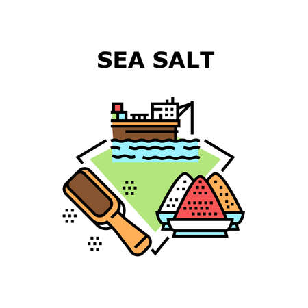 Sea Salt Production Vector Icon Concept. Sea Salt Production Factory At Seashore And Wooden Shovel Kitchen Utensil. Seasoning Mineral For Flavoring And Cooking Delicious Food Color Illustrationのイラスト素材