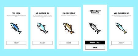 Commercial Fishing Aquaculture Onboarding Mobile App Page Screen Vector. Japanese Cockle And Anchovy, Common And Silver Carp, Rohu And Catle Fish,Yellowfin Tuna Fishing Business Illustrationsのイラスト素材