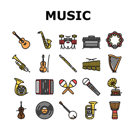 Music Instruments Performance Icons Set Vector. Saxophone And Trumpet, Guitar And Violin, Tambourine And Accordion Music Instrument Line. Gramophone And Vinyl For Listen Song Color Illustrationsのイラスト素材