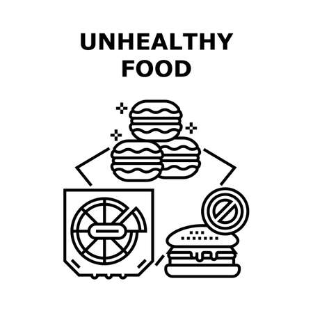 Unhealthy Food Vector Icon Concept. Pizza, Burger Hamburger And Cakes Unhealthy Food. Macaroons, Donut And Cheeseburger, Pastry And Junk Nutrition And Fat Product Black Illustrationのイラスト素材