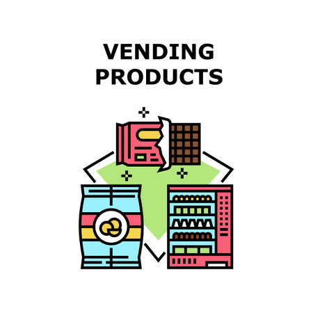 Vending Products Vector Icon Concept. Vending Products In Machine, Chips And Chocolate Package Snack And Food Selling In Automatically Selling Equipment. Delicious Nutrition Color Illustrationのイラスト素材