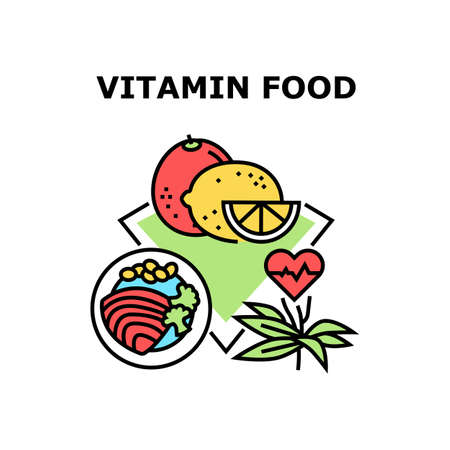 Vitamin Food Vector Icon Concept. Lemon Orange And Grapefruit Citrus Fruit, Delicious Healthcare Dish Cooked From Fish Or Animal Meat And Vegetables, Vitamin Food Color Illustrationのイラスト素材