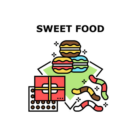 Sweet Food Menu Vector Icon Concept. Chocolate Candies Box, Macaroons Cookies And Jelly Worms Sweet Food Menu. Tasty Delicious Nutrition And Dessert, Unhealthy Products Color Illustrationのイラスト素材