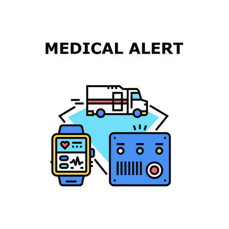 Medical Alert Vector Icon Concept. Medical Alert Equipment And Electronic Fitness Bracelet For Examining Health. Emergency Ambulance Van Transport Transportate Patient Color Illustrationのイラスト素材