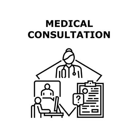 Medical Consultation Vector Icon Concept. Remote Online And Medical Consultation In Hospital Cabinet. Patient Video Call To Doctor For Examining Health And Prescription For Buy Pill Black Illustrationのイラスト素材